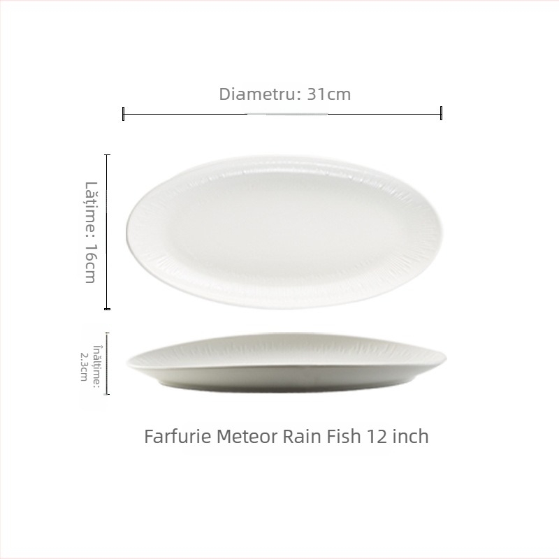 Farfurie pentru pește din porțelan, formă ovală neregulată, stil japonez, design monocrom, potrivită pentru cuptorul cu microunde