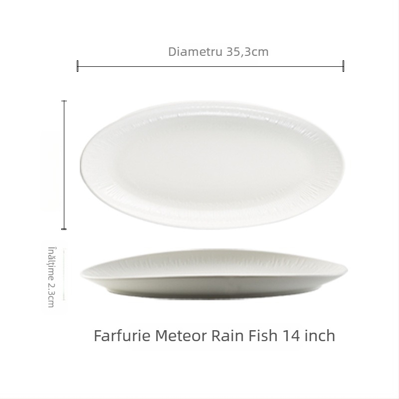 Farfurie pentru pește din porțelan, formă ovală neregulată, stil japonez, design monocrom, potrivită pentru cuptorul cu microunde