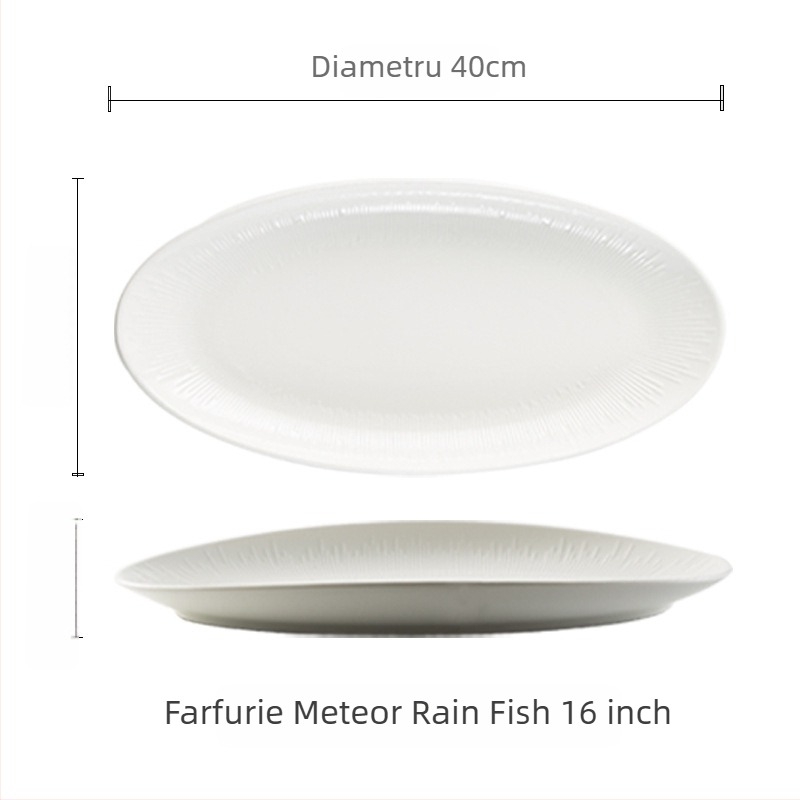 Farfurie pentru pește din porțelan, formă ovală neregulată, stil japonez, design monocrom, potrivită pentru cuptorul cu microunde