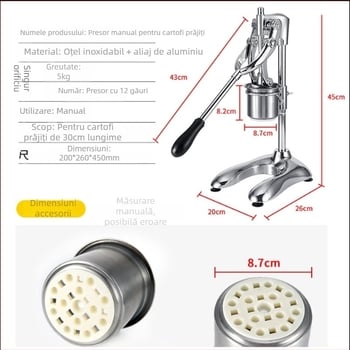Mașină de presat cartofi pentru chipsuri, corp din oțel inoxidabil, acționare manuală, modelul 001, cu logo imprimat