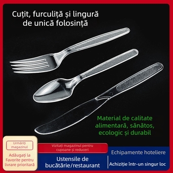 Set de tacâmuri plastice, de unică folosință, stil occidental, cu mâner lung: cuțit, furculiță și lingură; compatibil cu cuptorul cu microunde.