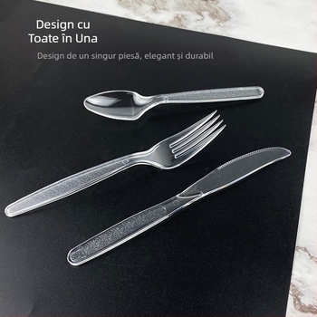 Set de tacâmuri plastice, de unică folosință, stil occidental, cu mâner lung: cuțit, furculiță și lingură; compatibil cu cuptorul cu microunde.