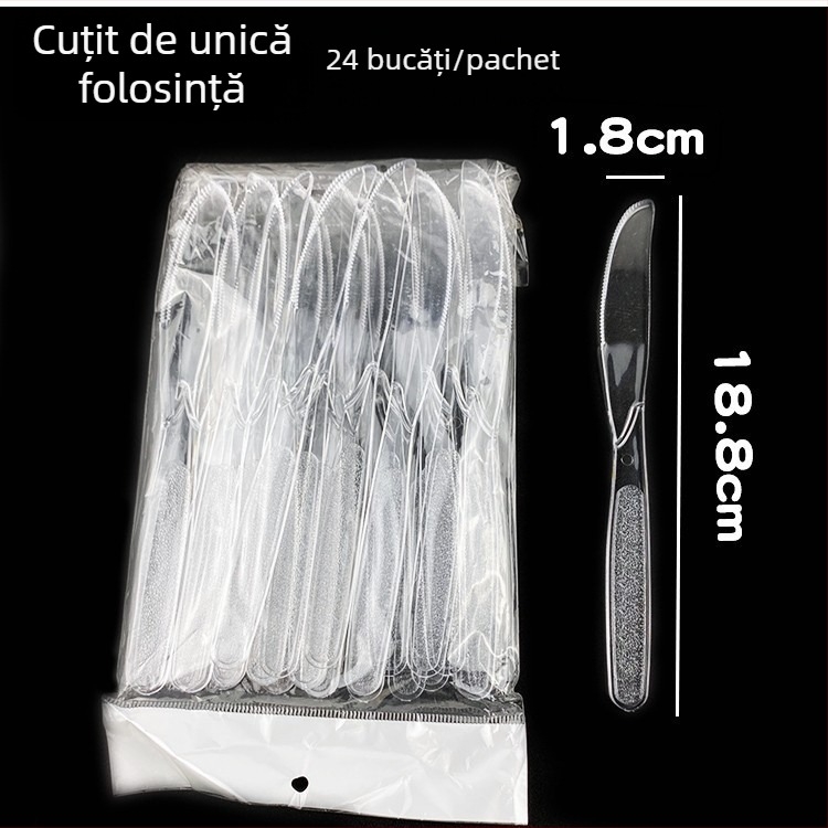 Set de tacâmuri plastice, de unică folosință, stil occidental, cu mâner lung: cuțit, furculiță și lingură; compatibil cu cuptorul cu microunde.