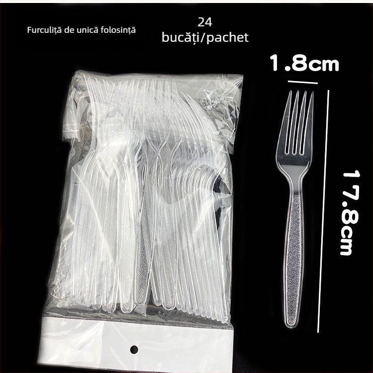 Set de tacâmuri plastice, de unică folosință, stil occidental, cu mâner lung: cuțit, furculiță și lingură; compatibil cu cuptorul cu microunde.