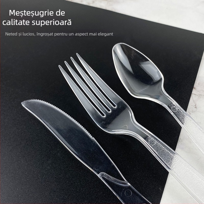 Set de tacâmuri plastice, de unică folosință, stil occidental, cu mâner lung: cuțit, furculiță și lingură; compatibil cu cuptorul cu microunde.