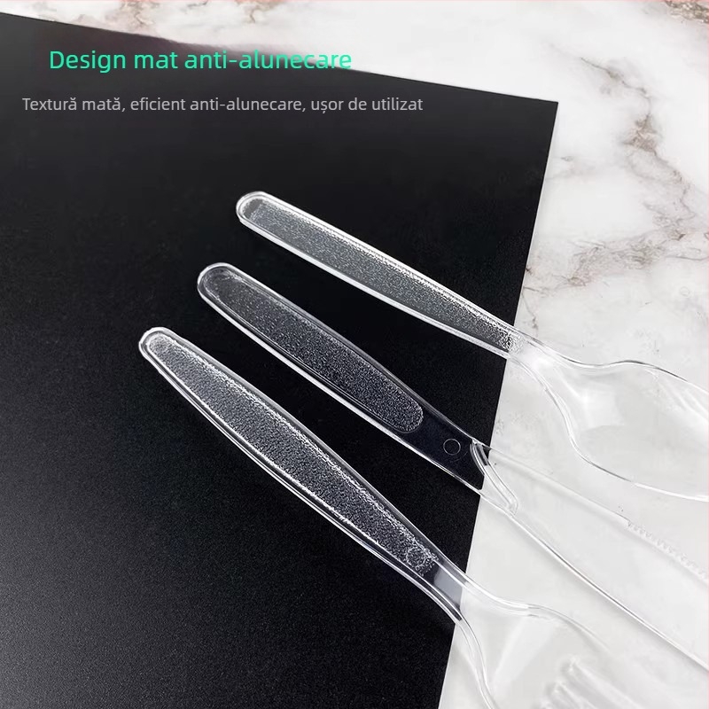 Set de tacâmuri plastice, de unică folosință, stil occidental, cu mâner lung: cuțit, furculiță și lingură; compatibil cu cuptorul cu microunde.