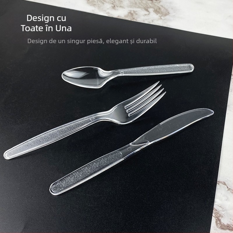 Set de tacâmuri plastice, de unică folosință, stil occidental, cu mâner lung: cuțit, furculiță și lingură; compatibil cu cuptorul cu microunde.