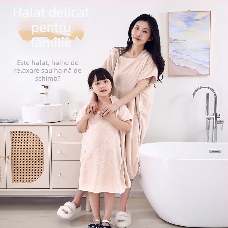 Halat de baie din fleece coral pentru adulți și copii, cu glugă, unisex, set părinte-copil, uscare rapidă și mare absorbție; material: fleece coral; compoziție principală: poliester 85%
