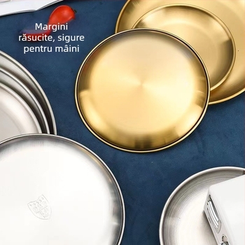 Tavă rotundă din oțel inoxidabil, stil coreean, finisaj auriu, pentru grătar, fructe și deserturi
