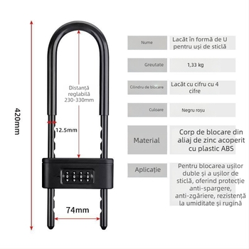 Încuietoare cu parolă pentru ușile din sticlă ale magazinului, pentru uși duble, anti-furt, cu extensie și design îngroșat