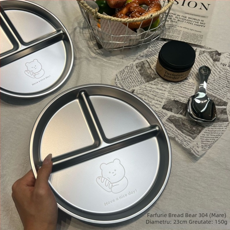 Farfurie de servire din oțel inoxidabil, divizată pentru controlul porțiilor, rotundă, personalizabilă cu logo