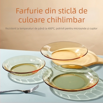 Farfurie de masă din sticlă borosilicată, rezistentă la căldură, sigură pentru cuptorul cu microunde, rotundă, model solid, stil minimalist modern