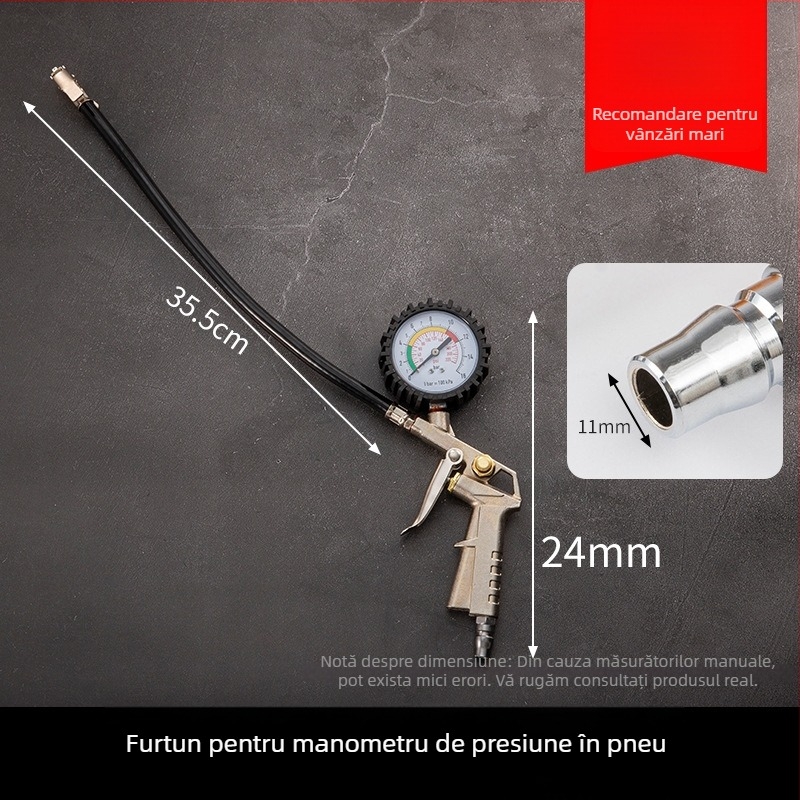 Manometru de presiune pentru pneuri auto – corp din cauciuc, montaj apăsare, con britanic