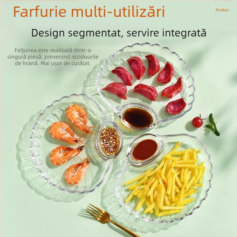 Farfurie de servire din sticlă cu compartimente, transparentă și durabilă, cu recipient pentru sos, pentru gyoza/dumplings, fructe de mare și creveți