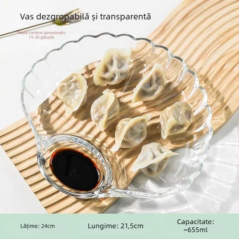 Farfurie de servire din sticlă cu compartimente, transparentă și durabilă, cu recipient pentru sos, pentru gyoza/dumplings, fructe de mare și creveți