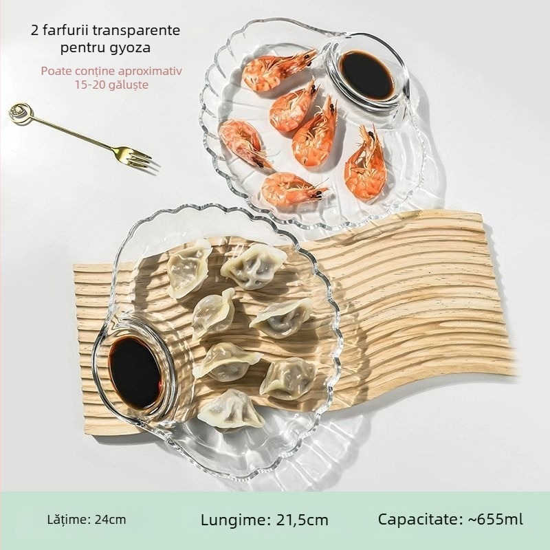 Farfurie de servire din sticlă cu compartimente, transparentă și durabilă, cu recipient pentru sos, pentru gyoza/dumplings, fructe de mare și creveți