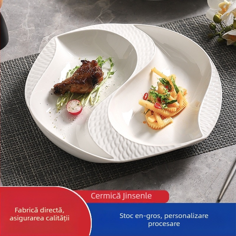 Farfurie de masă din porțelan, formă neregulată, suprafață cu subglazură, compatibilă cu microunde, posibilitate personalizare cu logo