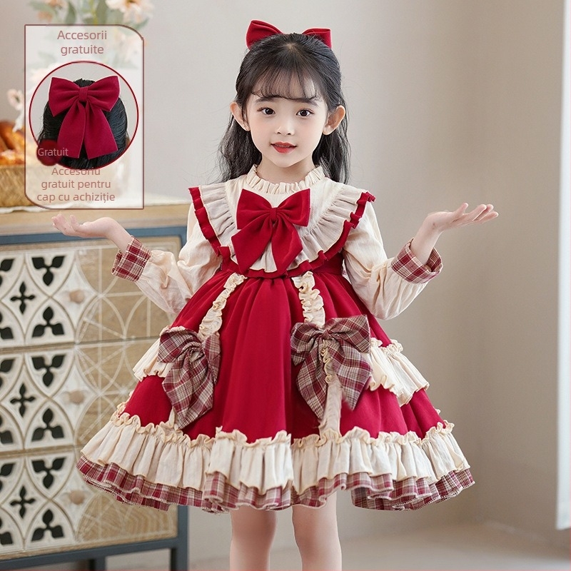 Rochie Lolita pentru fete, mâneci lungi, imprimeu în grilă, poliester, căptușeală din bumbac, pentru 3–8 ani