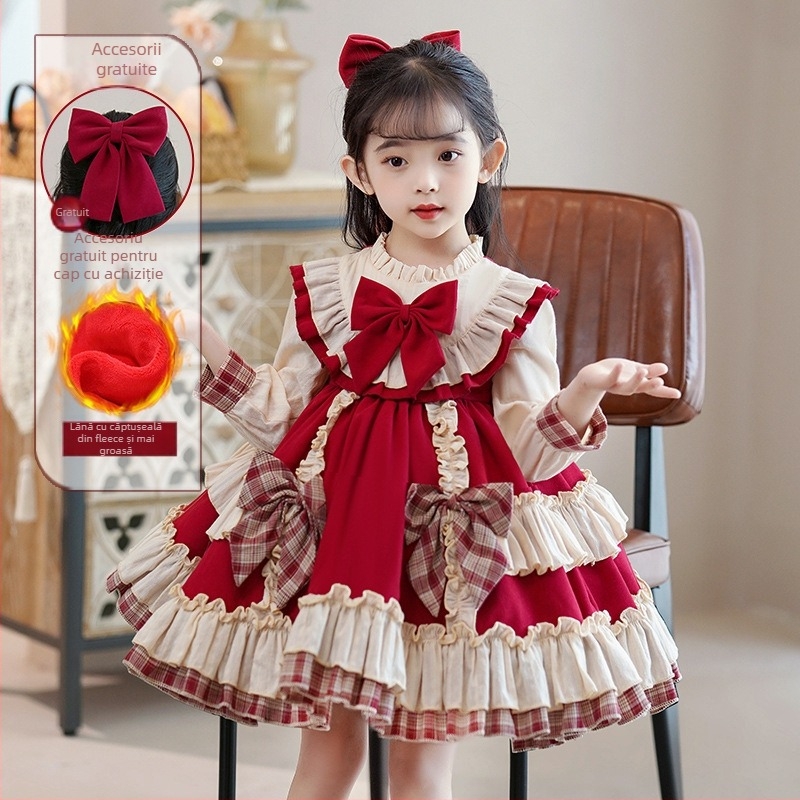 Rochie Lolita pentru fete, mâneci lungi, imprimeu în grilă, poliester, căptușeală din bumbac, pentru 3–8 ani