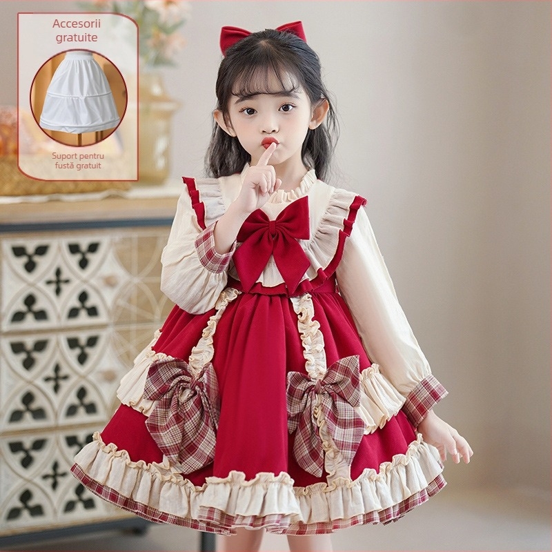 Rochie Lolita pentru fete, mâneci lungi, imprimeu în grilă, poliester, căptușeală din bumbac, pentru 3–8 ani