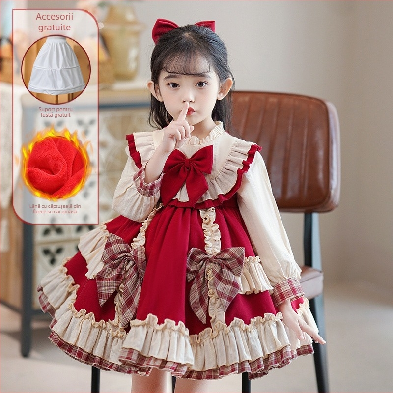 Rochie Lolita pentru fete, mâneci lungi, imprimeu în grilă, poliester, căptușeală din bumbac, pentru 3–8 ani