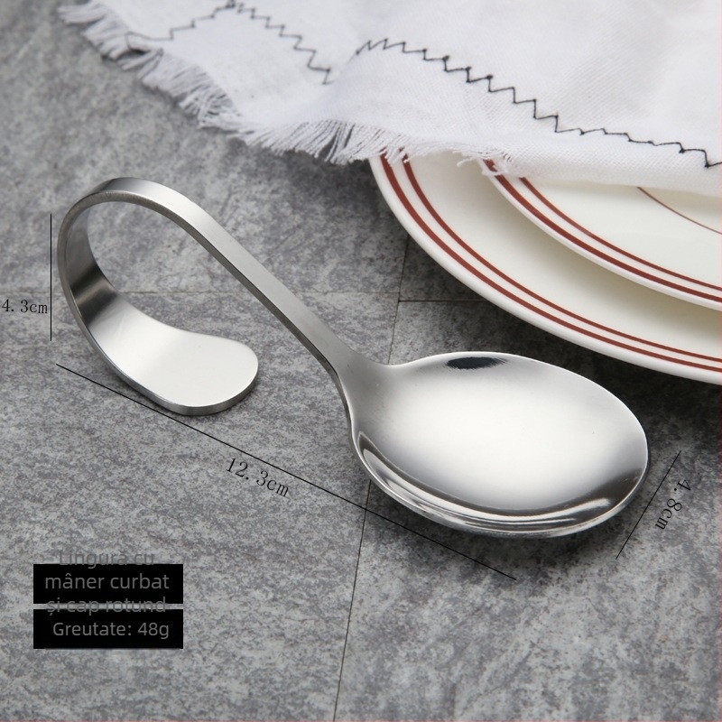 Lingură din oțel inoxidabil 410, cu mâner curbat, vârf ascuțit și bol oval, design modern minimalist, personalizare procesare disponibilă