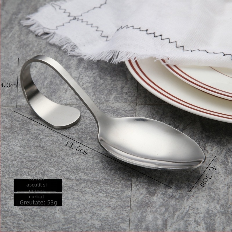 Lingură din oțel inoxidabil 410, cu mâner curbat, vârf ascuțit și bol oval, design modern minimalist, personalizare procesare disponibilă