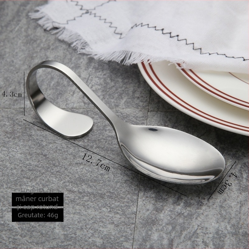 Lingură din oțel inoxidabil 410, cu mâner curbat, vârf ascuțit și bol oval, design modern minimalist, personalizare procesare disponibilă