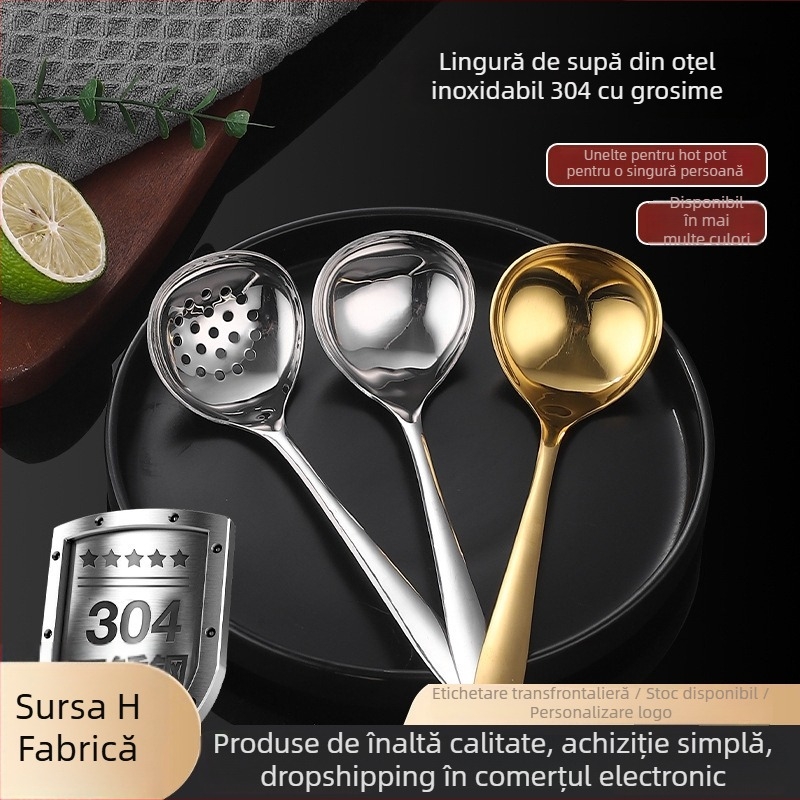 Set de linguri de supă din oțel inoxidabil, mâner lung, stil japonez, finisaj oglindit, potrivit pentru oale fierbinți și supe