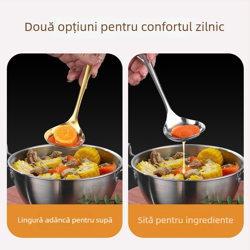 Set de linguri de supă din oțel inoxidabil, mâner lung, stil japonez, finisaj oglindit, potrivit pentru oale fierbinți și supe