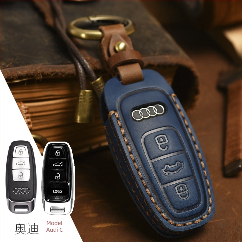 Husă cheie auto – din piele de vită, stil retro; compatibilă cu cheile Audi Q5/Q7, personalizare disponibilă, etichetă privată licențiată