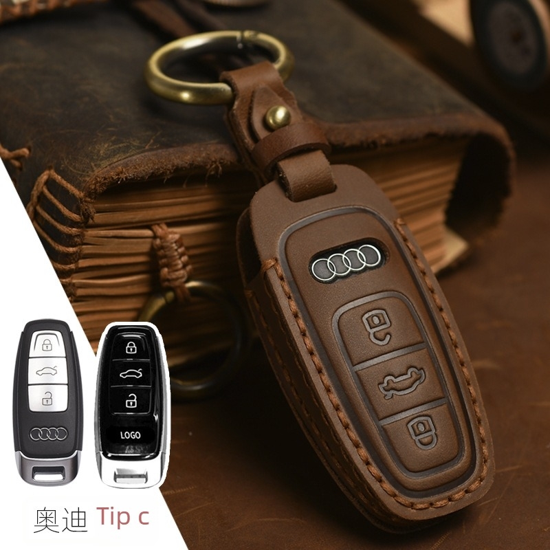 Husă cheie auto – din piele de vită, stil retro; compatibilă cu cheile Audi Q5/Q7, personalizare disponibilă, etichetă privată licențiată