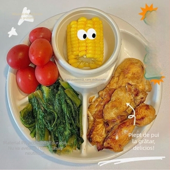 Farfurie de masă cu patru compartimente, circulară, din plastic, pentru o persoană – turnată dintr-un singur corp, rezistentă la cădere, necompatibilă cu microundele