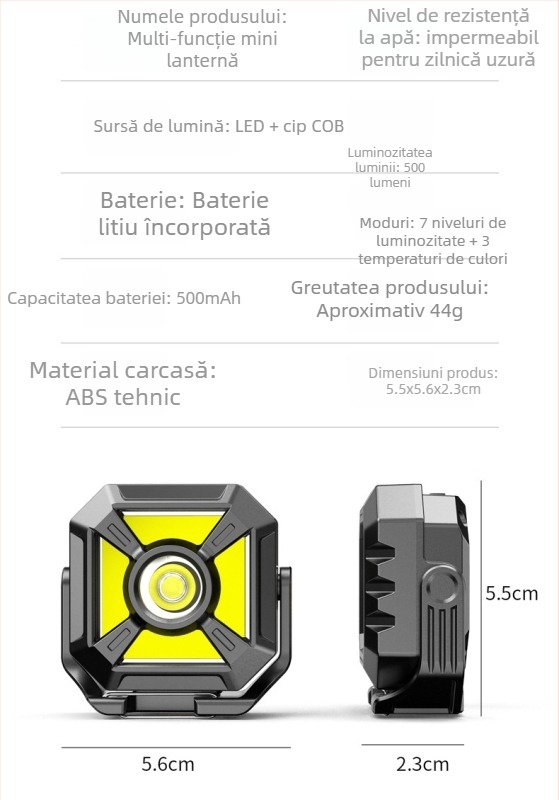 Lanternă COB pentru camping, baterie reîncărcabilă de 500mAh, alimentare 3V1A, rază 100–200 m, cu inel pentru chei