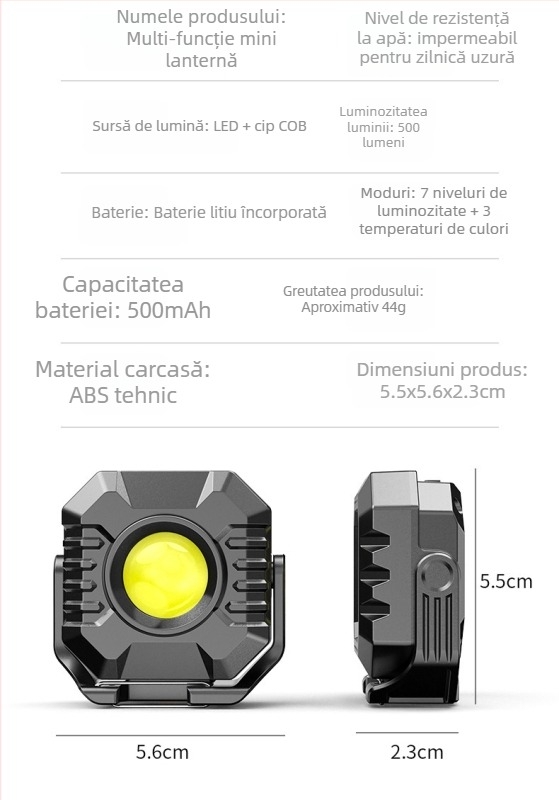 Lanternă COB pentru camping, baterie reîncărcabilă de 500mAh, alimentare 3V1A, rază 100–200 m, cu inel pentru chei