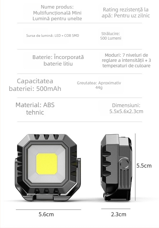 Lanternă COB pentru camping, baterie reîncărcabilă de 500mAh, alimentare 3V1A, rază 100–200 m, cu inel pentru chei