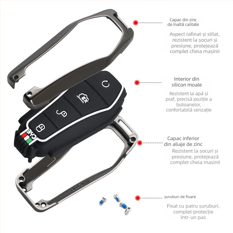 Carcasă din aliaj de zinc pentru telecomanda BYD E2, Qin Plus, Qin EV și Dolphin E3; compatibilă cu marca Shanyin, personalizabilă, design premium.