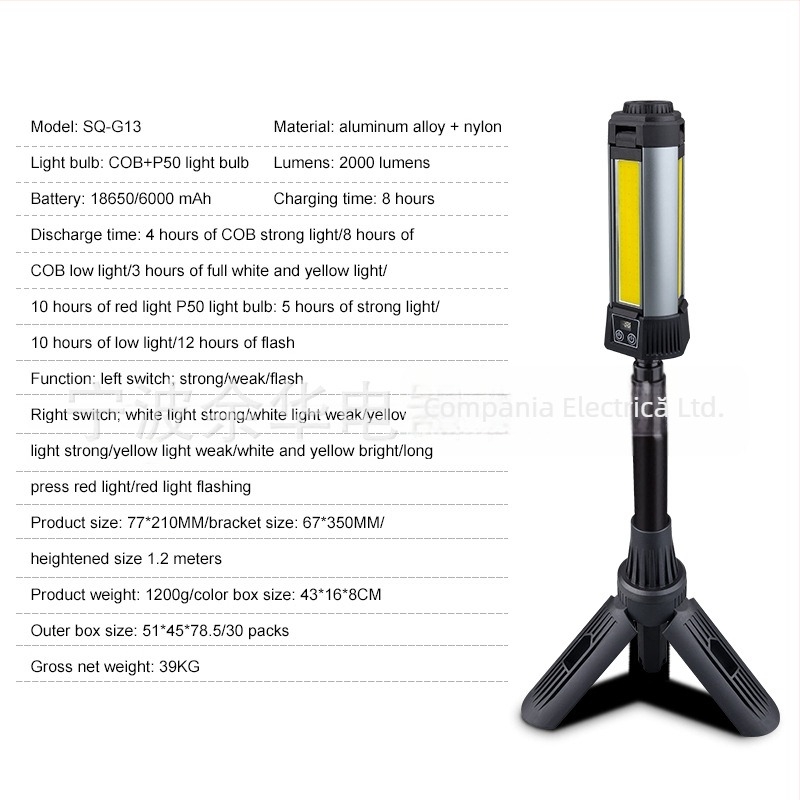 Lampă de lucru LED extensibilă cu magnet și afișaj digital, 12W, 6000mAh, rotație 360°, pentru camping și urgențe