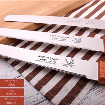 Cuțit de pâine cu dinți zimți pentru pâine și prăjituri | Lamă din oțel inoxidabil 2Cr13, mâner din lemn | Stil modern minimalist | Categoria: Cake Mold