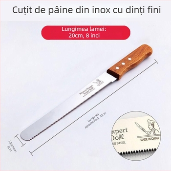 Cuțit de pâine cu dinți zimți pentru pâine și prăjituri | Lamă din oțel inoxidabil 2Cr13, mâner din lemn | Stil modern minimalist | Categoria: Cake Mold