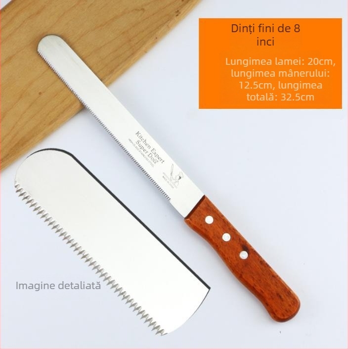 Cuțit de pâine cu dinți zimți pentru pâine și prăjituri | Lamă din oțel inoxidabil 2Cr13, mâner din lemn | Stil modern minimalist | Categoria: Cake Mold