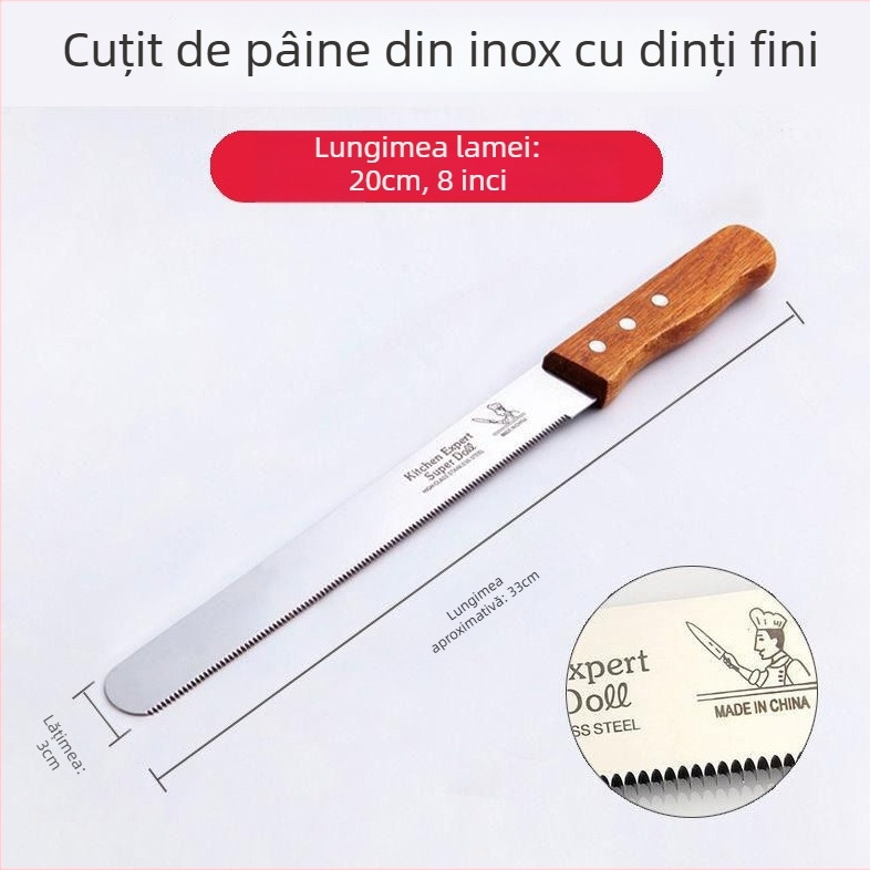Cuțit de pâine cu dinți zimți pentru pâine și prăjituri | Lamă din oțel inoxidabil 2Cr13, mâner din lemn | Stil modern minimalist | Categoria: Cake Mold