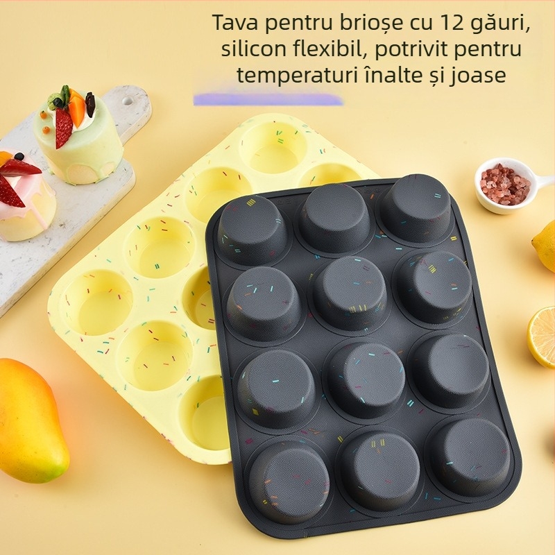 Formă din silicon cu 12 compartimente, rotundă, pentru checuri și brioșe (Material: silicon; Formă: rotundă; Categorie: forme de copt; Anul lansării: 2020)