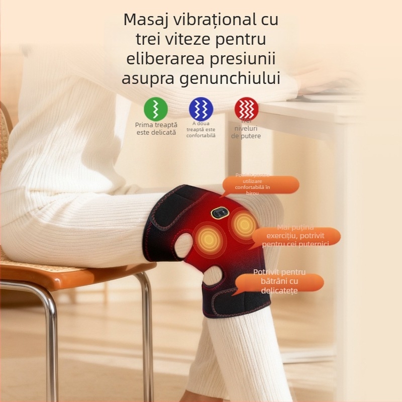 Bandaje electrice de masaj pentru genunchi cu compresie caldă și vibrații; temperatura 55–72°C; putere 10W; tensiune 5V; greutate 600g