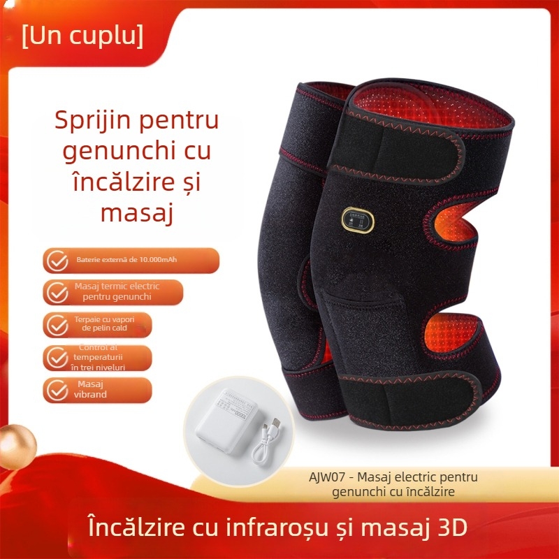 Bandaje electrice de masaj pentru genunchi cu compresie caldă și vibrații; temperatura 55–72°C; putere 10W; tensiune 5V; greutate 600g