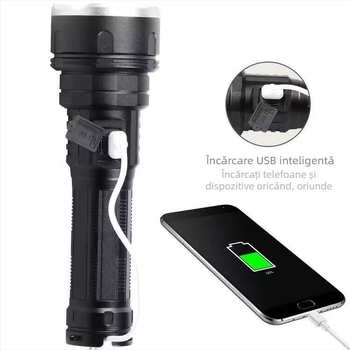 Lanternă LED cu corp din aliaj de aluminiu, 1800 mAh, 10 W, rotație la 360°, rază 200-500 m