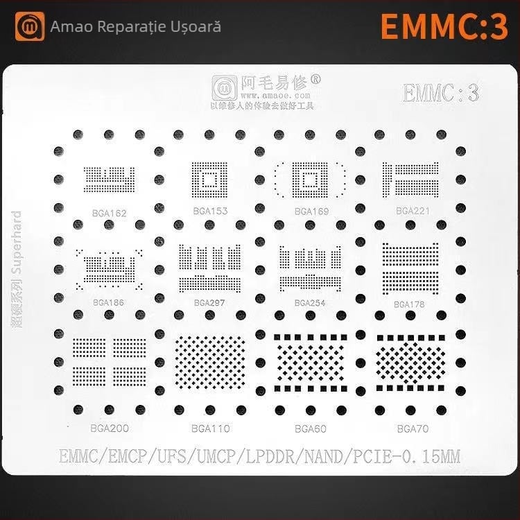 Șablon BGA cu plasă metalică pentru reparații BGA 153/162/169/186/221/254 EMCP/EMMC