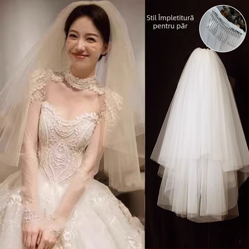 Voal de mireasă din satin pentru înregistrarea căsătoriei, voal scurt principal pentru ceremonie, accesorii de cap pentru fotografii - Brand Unique, Stoc disponibil, Vara 2021