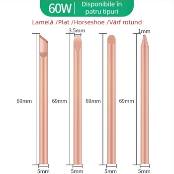 Jie Fei Set vârfuri lipit din cupru pur, încălzire externă, 30W/40W/60W, vârfuri: ascuțite, plate și în formă de copită