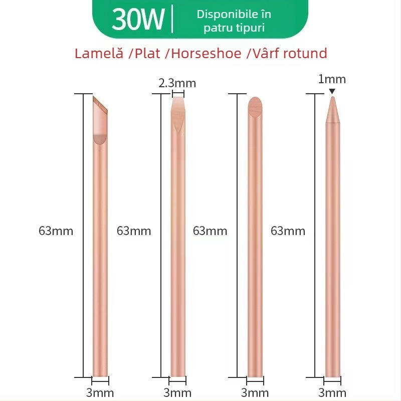 Jie Fei Set vârfuri lipit din cupru pur, încălzire externă, 30W/40W/60W, vârfuri: ascuțite, plate și în formă de copită